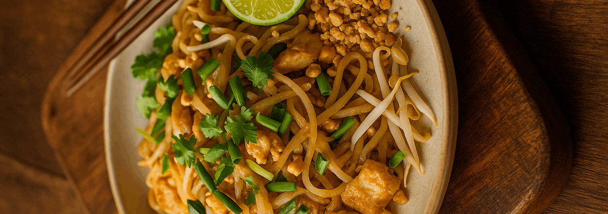 Fertiges Pad Thai mit Reisnudeln, Ei, Hähnchen, Limette und Erdnüssen auf Teller