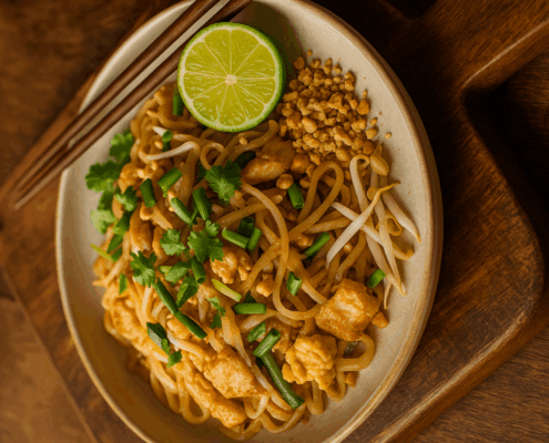 Fertiges Pad Thai mit Reisnudeln, Ei, Hähnchen, Limette und Erdnüssen auf Teller
