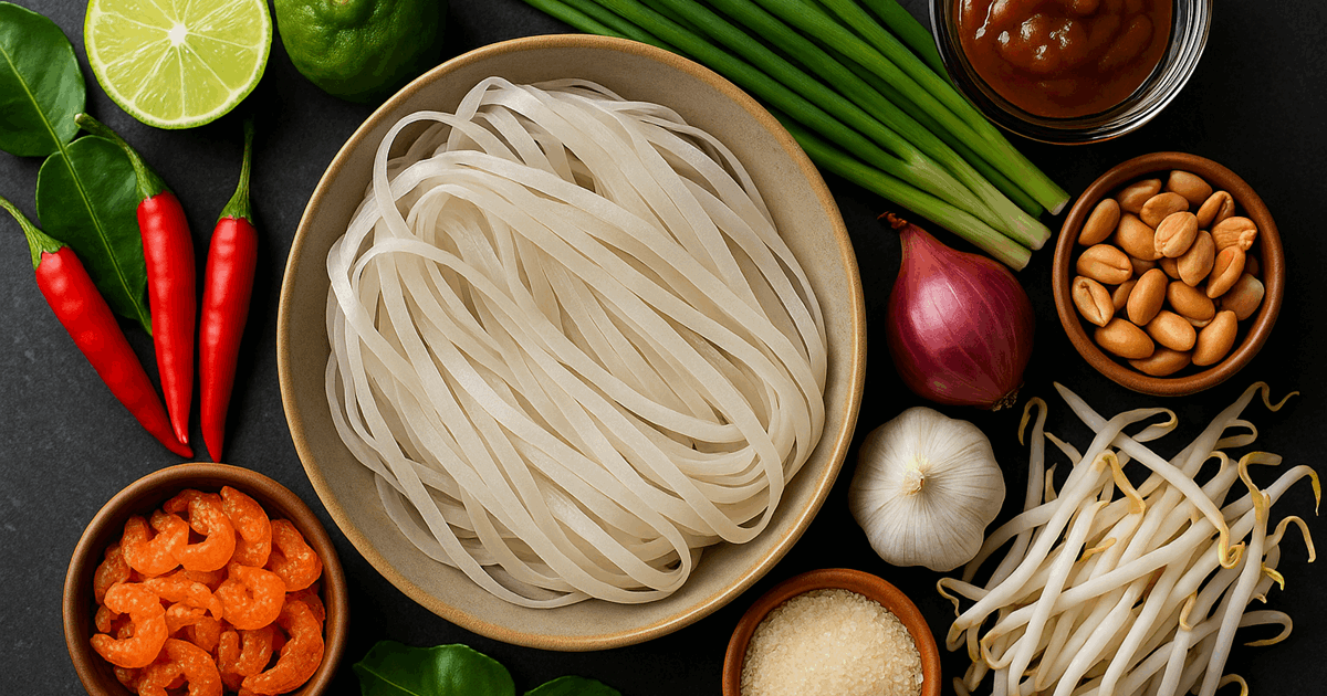 Frische Zutaten für Pad Thai: Reisnudeln, Tamarinde, Knoblauch, Erdnüsse, Sprossen und Limette